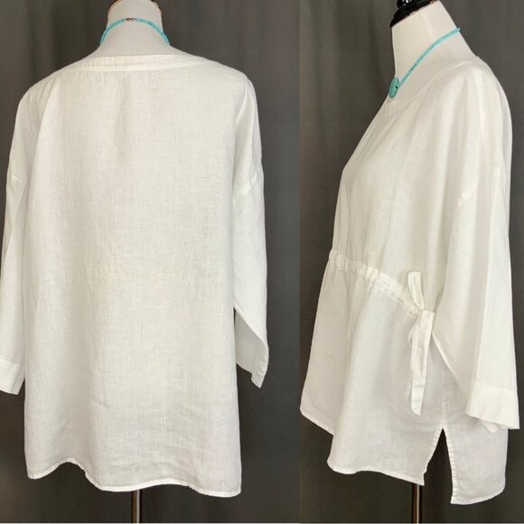 Eileen Fisher Handkerchief Linen Drawstring 3/4 Sleeves Top White Sz L - Picture 7 of 16